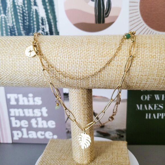 Gold Stainless Steel Sun Motif Jewelry Set — Necklace + Small Hoops - Picture 5 of 7